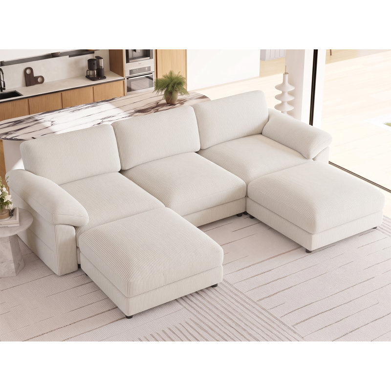 Hardesty Upholstered U-Shaped Sectional with Ottoman, Beige Corduroy, 37.44" H x 84.24" W x 33.5" D