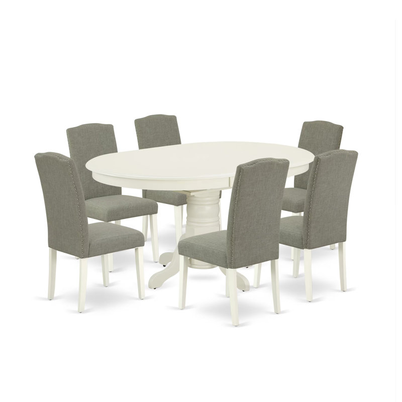 7 Piece Kitchen Table Set consists of an Oval Dining Table with Butterfly Leaf and 6 Dark Shitake Linen Fabric Parson Chairs, Linen White
