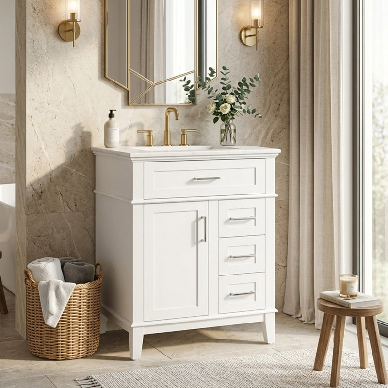 Meuble-lavabo autoportant 24 po avec lavabo en céramique, rangement rabattable et 3 tiroirs, transitionnel, petit espace