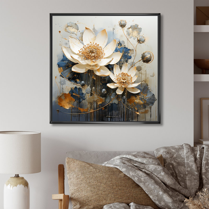 Or et lotus bleu en harmonie - impression, Cadre flottant noir, H 30 po x l 30 po