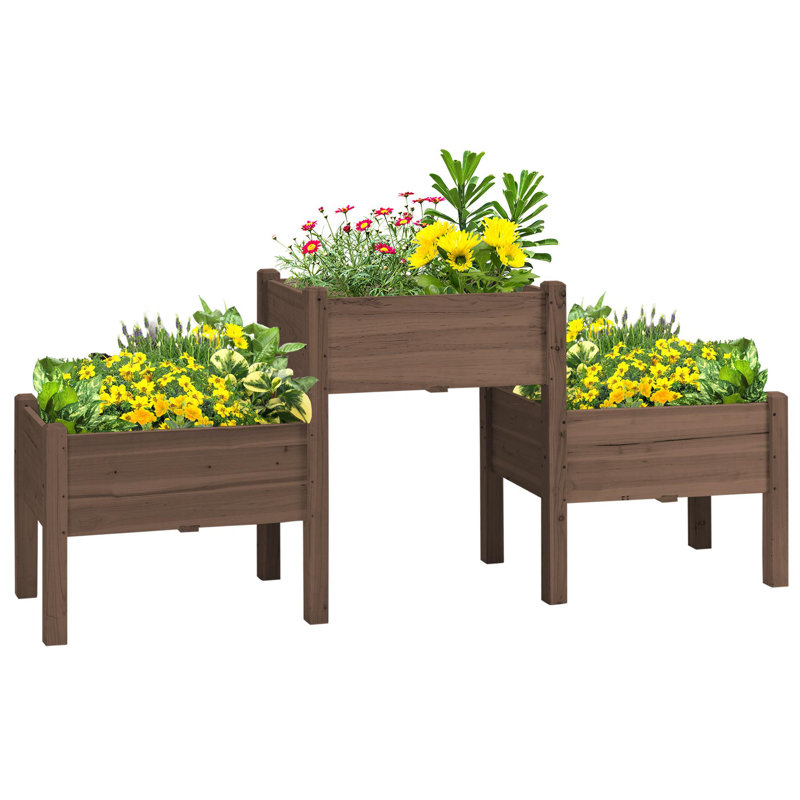 Raised wooden garden bed with drainage holes, Coffee
