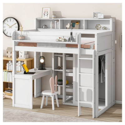 Lit mezzanine simple avec bureau, tablettes et garde-robe - Lit superposé en bois blanc pour enfants