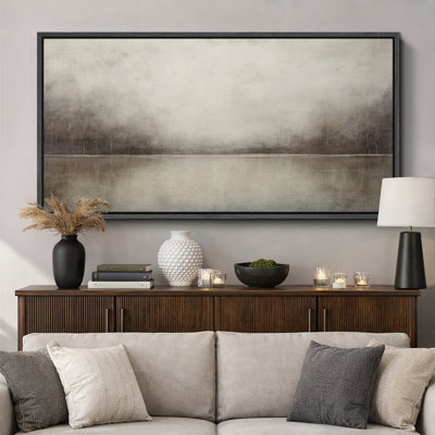 Minimal Landscape "Moody Brown With Green Tunes Artwork, Retro Neutral Tranquil Abstract Landscape Wall Pictures, Extra Large Framed Canvas Giclee Print Wall Art"