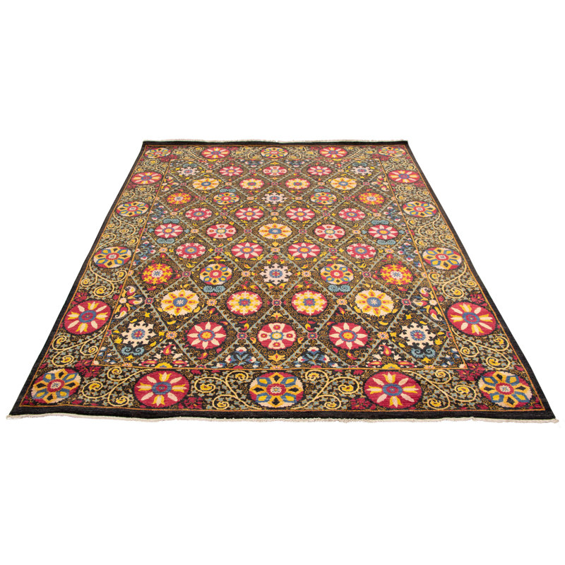 Tapis décoratif noir en laine de conception unique 9 pi x 12 pi 1 po noué à la main New Age
