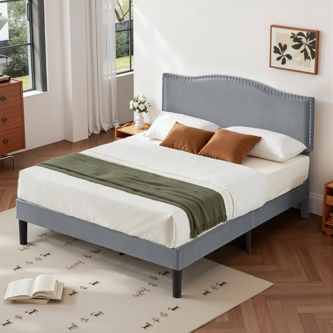 Double Size Upholstered Platform Bed Frame With Nailhead Trim Adjustable Headboard, Wooden Slats Support, Easy to Assembly