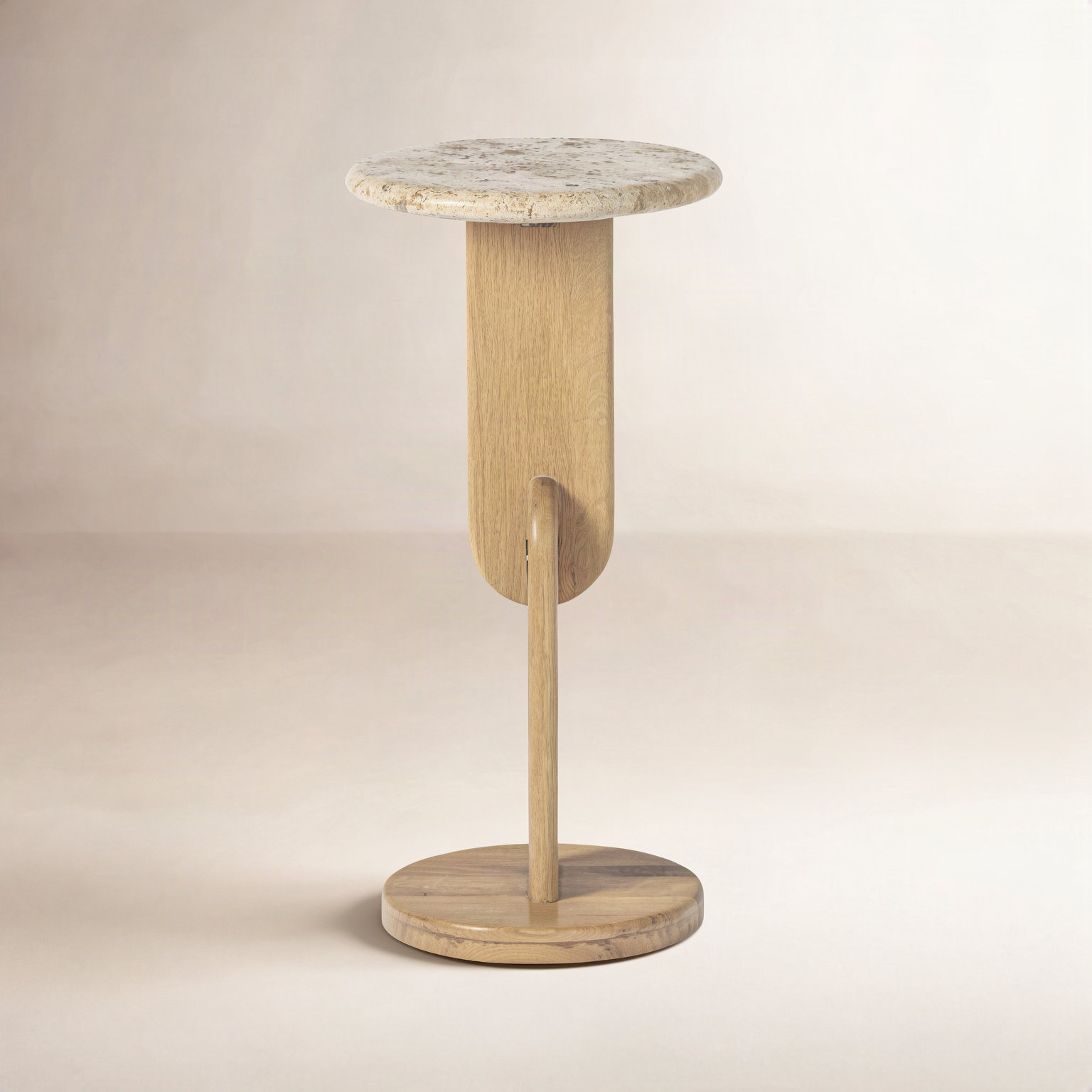Kielle 10" Genuine Marble End Table, Travertine, Oak