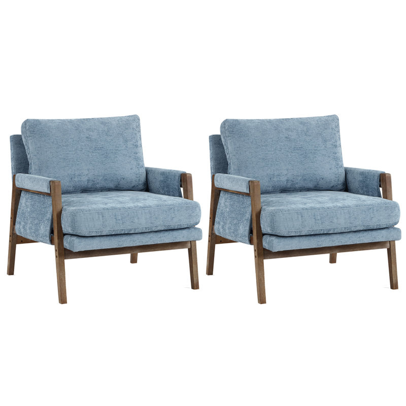 Ensemble de 2 chaises avec accoudoirs en chenille 30 po Mid-Century, Chenille bleu