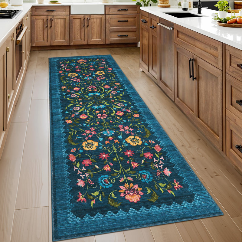 Floral Machine Washable Rug Non-Slip Farmhouse Floor Cover, Stain-Resistant Low Pile Indoor Carpet Mat for Living Room