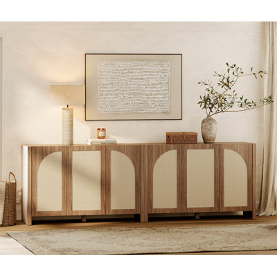 Sophia Farmhouse 2-in-1 Wooden Dresser, Wabi‑Sabi Cabinet with 6‑Door Rattan, Four Independent Compartments & Adjustable Shelves for Bedroom, Walnut