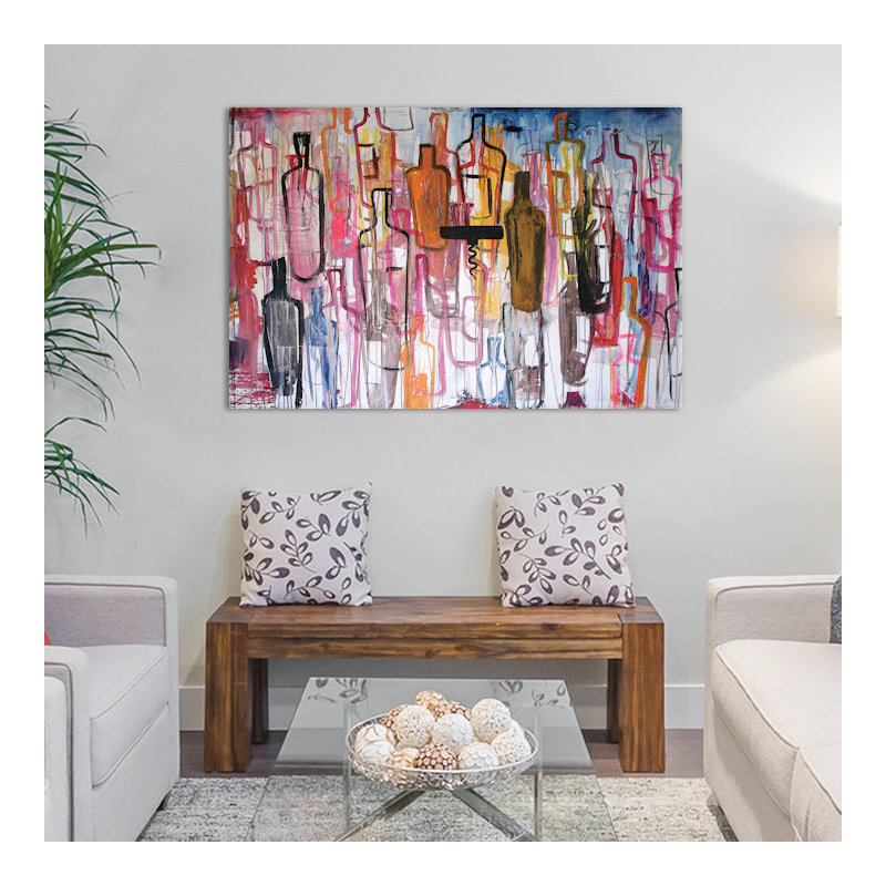 « bouteilles », art mural sur toile tendue, H 26 po x l 40 po x P 1,5 po