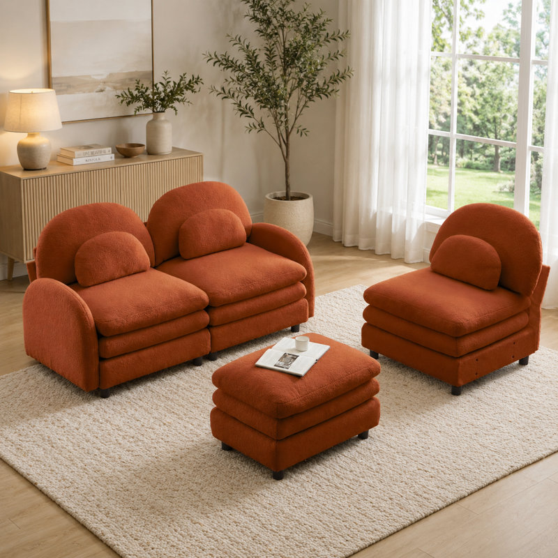 Canapé modulaire 3 places avec repose-pieds Teddy, Orange moelleux