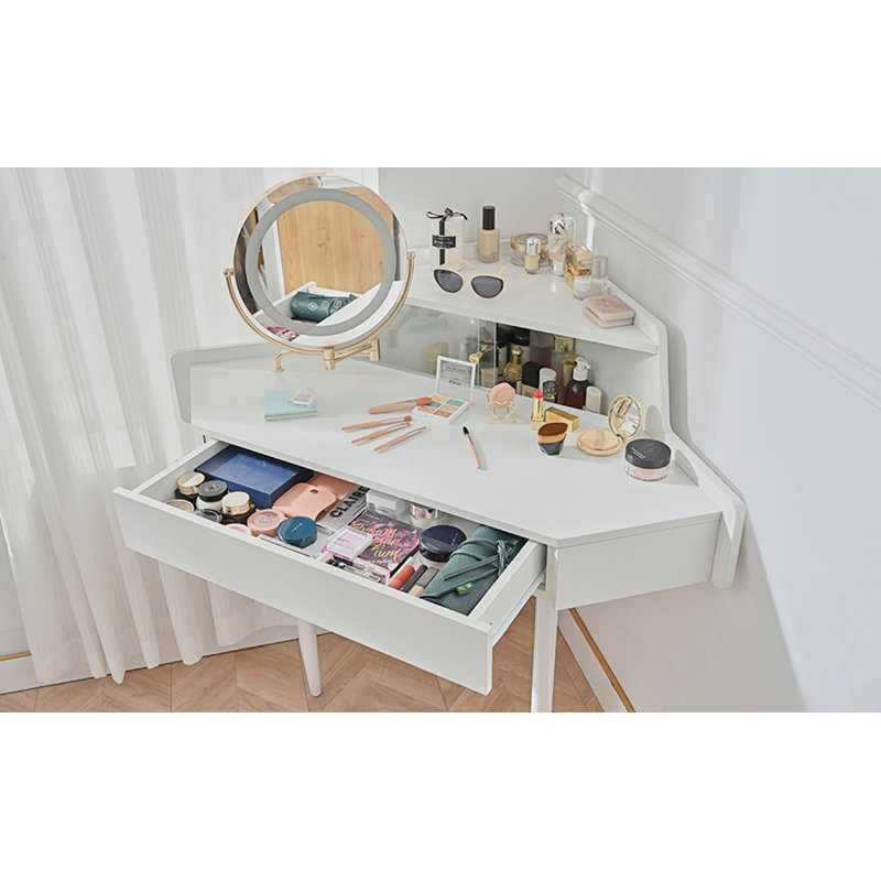 Corner Makeup Vanity Desk With Large Storage, LED Mirror & Stool, Brightness Adjustable
