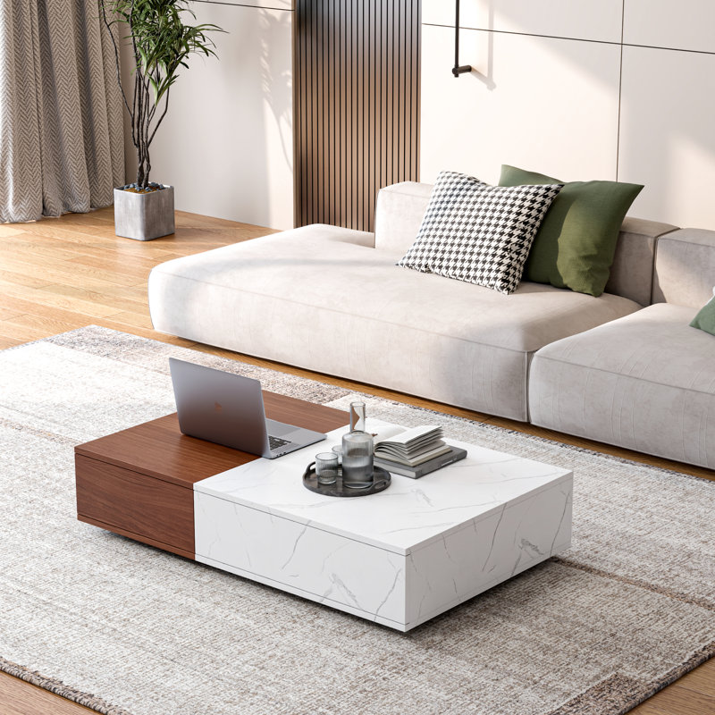 Table basse rectangulaire avec deux rangements en marbre de style noyer moderne, Brun / Blanc