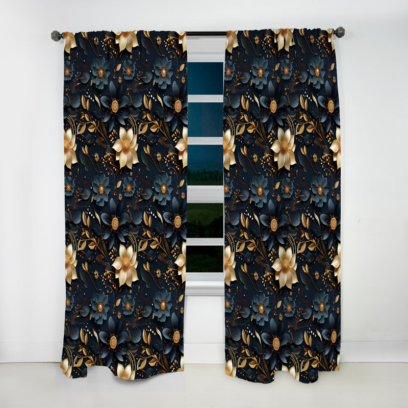 Midnight Blue Charm Gold And Black - Glam Curtain - Velvet Room Darkening - 1 Panel, 52" W x 84" L