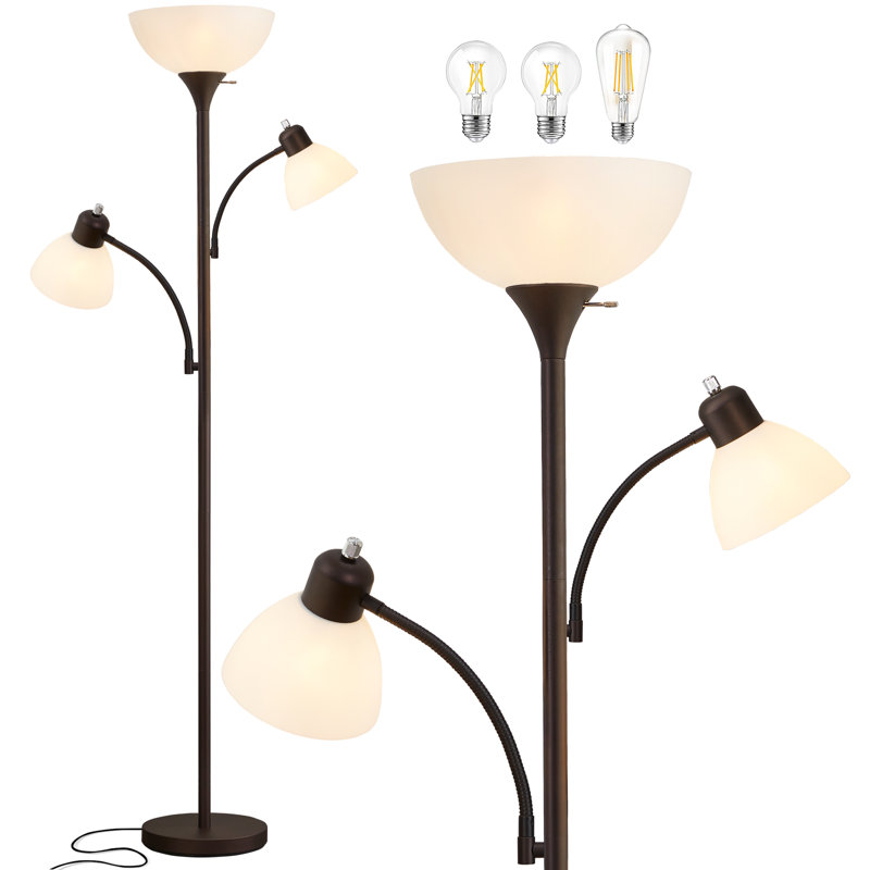 Lampe torchère sur pied 72 po avec 2 lampes de lecture, lampe sur pied industrielle pour chambre à coucher avec 3 ampoules DEL incluses
