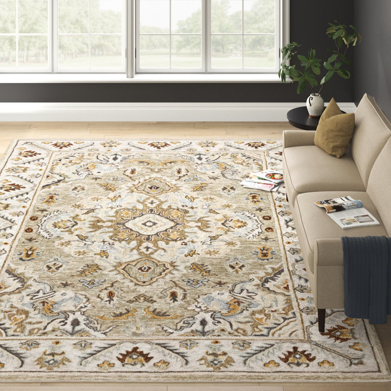 Tapis ivoire / doré / bleu en laine crocheté à la main Eitelfritz, Rectangle 10 pi x 13 pi