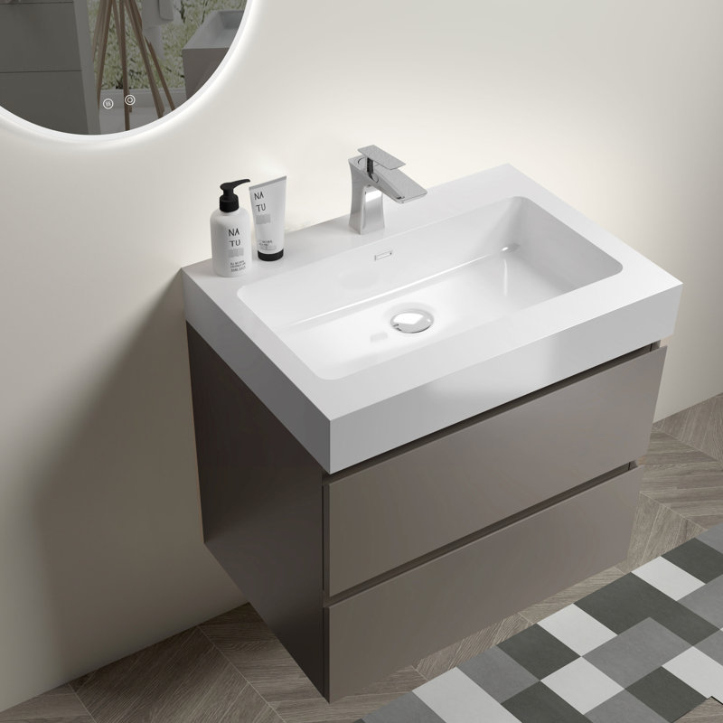 Meuble-lavabo gris avec lavabo mural 24 po - moderne, double tiroir pour un rangement efficace, girafe silencieuse, sans rangement supplémentaire, élégant