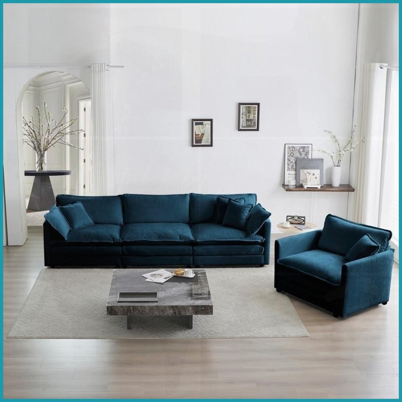 Ensemble de canapé moderne en chenille 3 pièces - Siège profond 1 + 3 places pour le salon, structure en bois massif robuste, bleu
