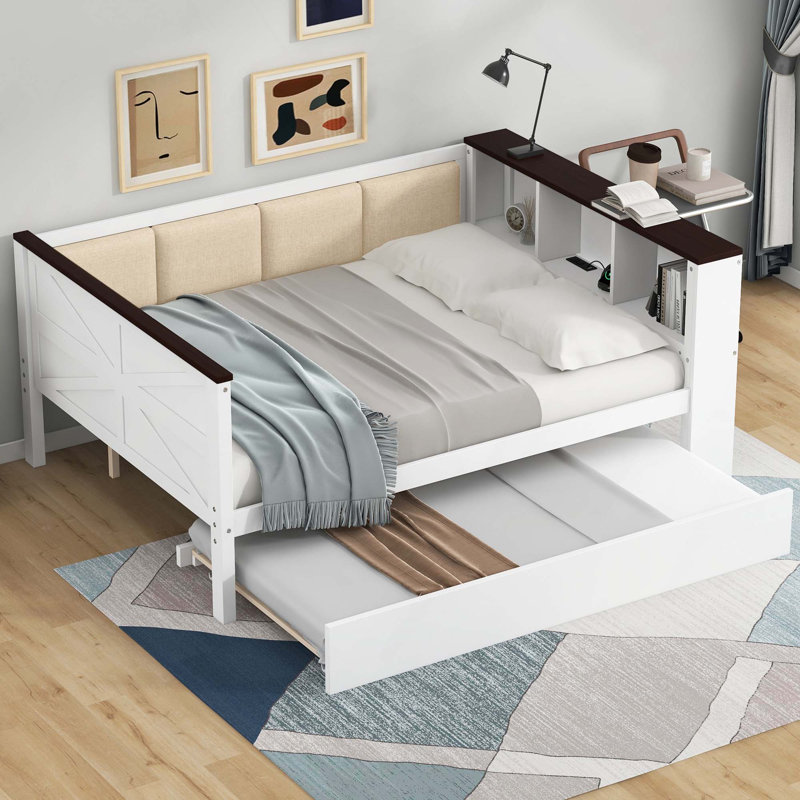 Wood Daybed With Storage Shelves, Upholstered Backrest, USB And Trundle, Full/Double