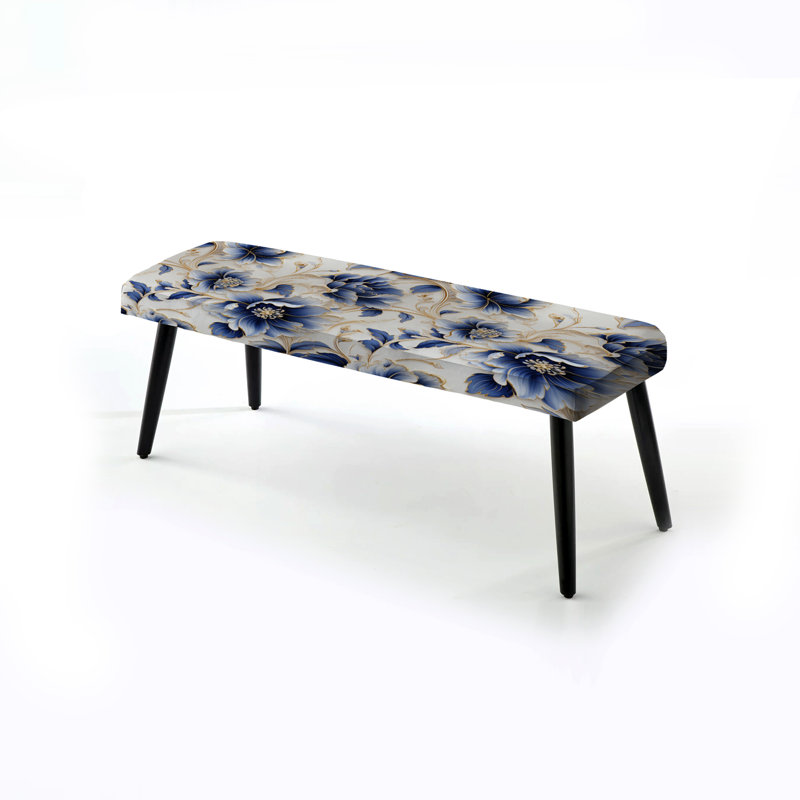 Botanical Upholstered Black Bench,  Cobalt Blue Filigree Victorian  I