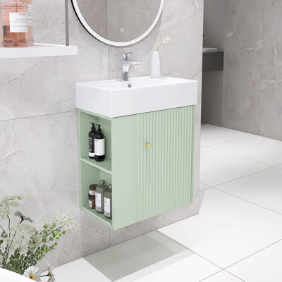 21,6 po Petit meuble-lavabo mural moderne avec lavabo en céramique et rangement à gauche