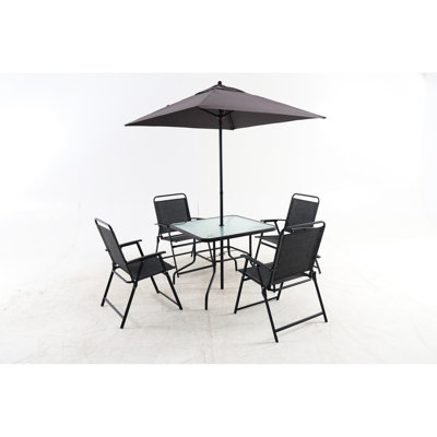 4 chaises de patio: mobilier en métal avec parasol, rouille, décoloration, table en verre trempé pour 4 personnes