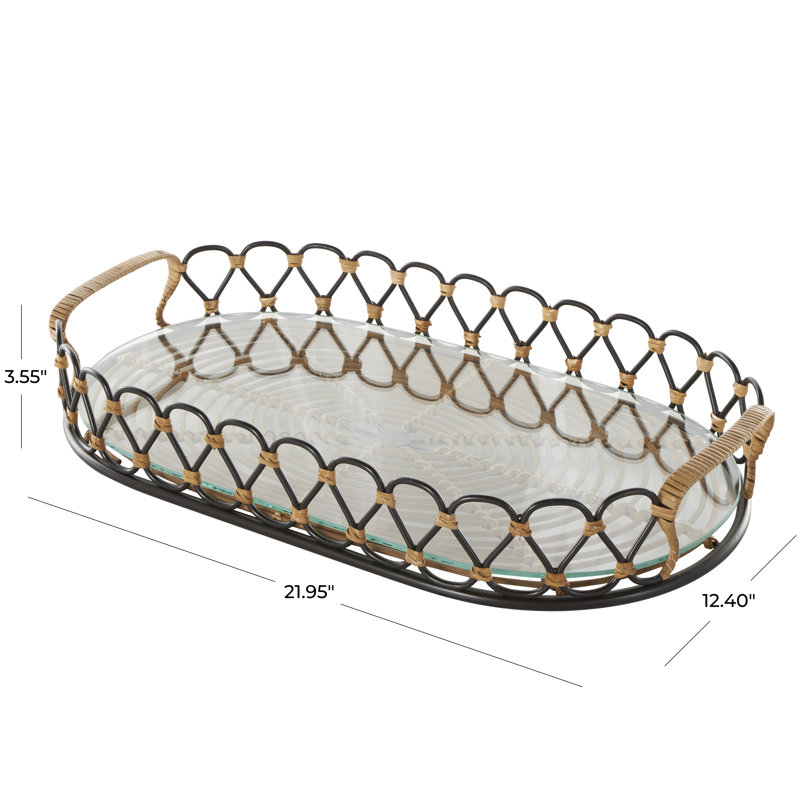 Carli Metal Circular Woven Decor Black Tray with Glass Base, 3.55" H x 21.95" W x 12.4" D