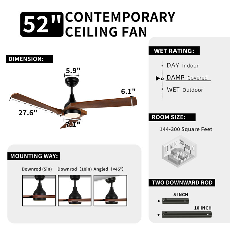 Caprise 52'' Ceiling Fan with LED Lights, Brown, 157 RPM