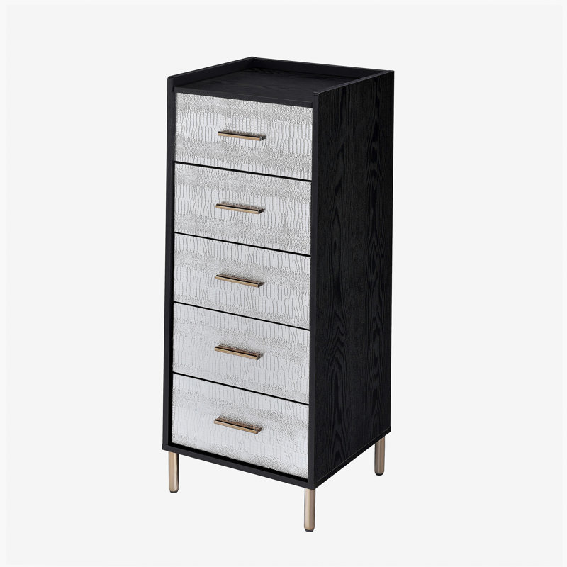 Armoire à bijoux noire et argentée à 4 tiroirs avec plateau relevable