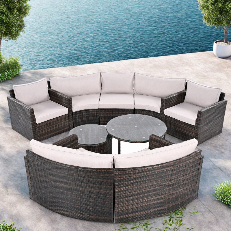 9-piece Outdoor Half-moon Wicker Conversation Sets With 1 Nesting Coffee Table And Tempered Glass Top