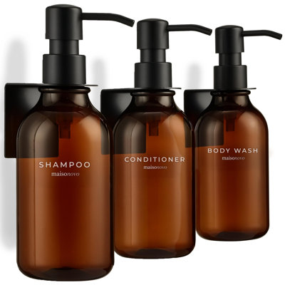 Shampoo and Conditioner Dispenser, Set of 3, Wall-Mounted Refillable Soap Dispenser (Amber Black)