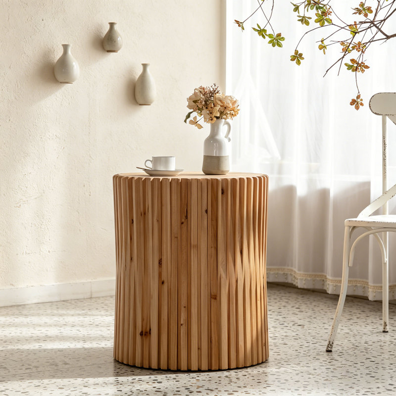 Retro Cylindrical Side Table, Vertical Texture Relief Design with Solid Fir Wood Details, No Assembly Required