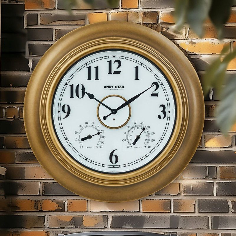 Contemporary Illuminated Large Wall Clock with Thermometer Waterproof ,21 Inch, Brass