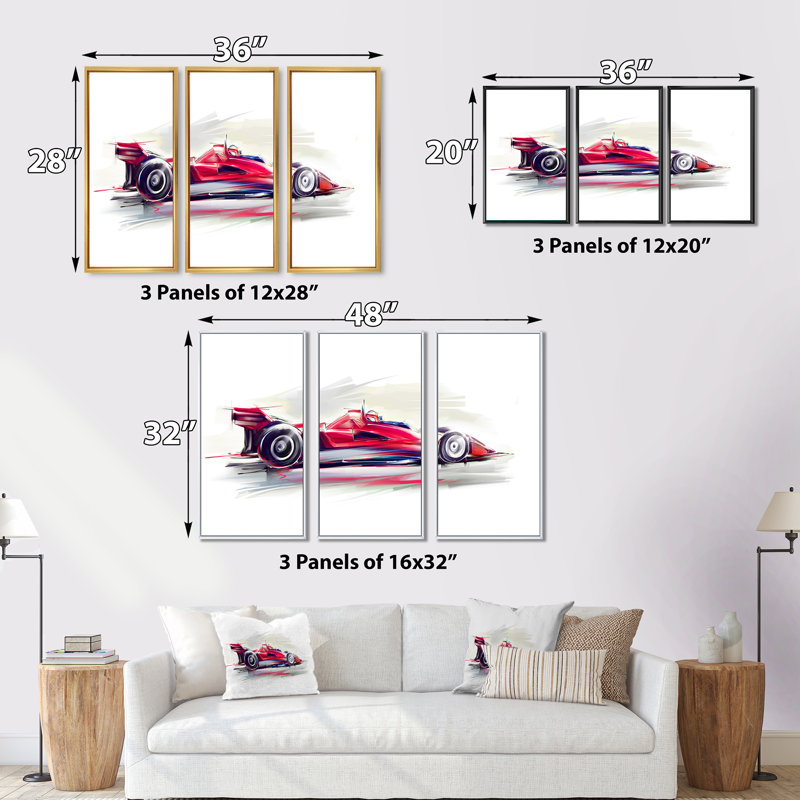 «Red Formule 1 Car», peinture sur toile 3 pièces, Noir, H 28 po x l 36 po x P 1 po