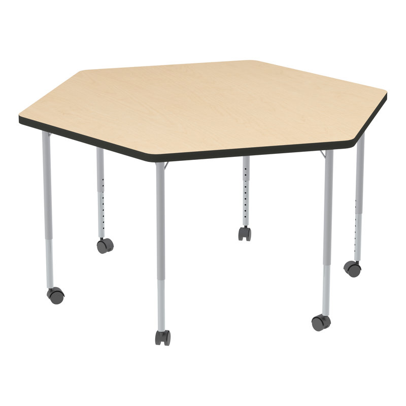 Structure Series Adjustable Height Mobile Hexagon Activity Table with Casters, Maple, Black/Silver