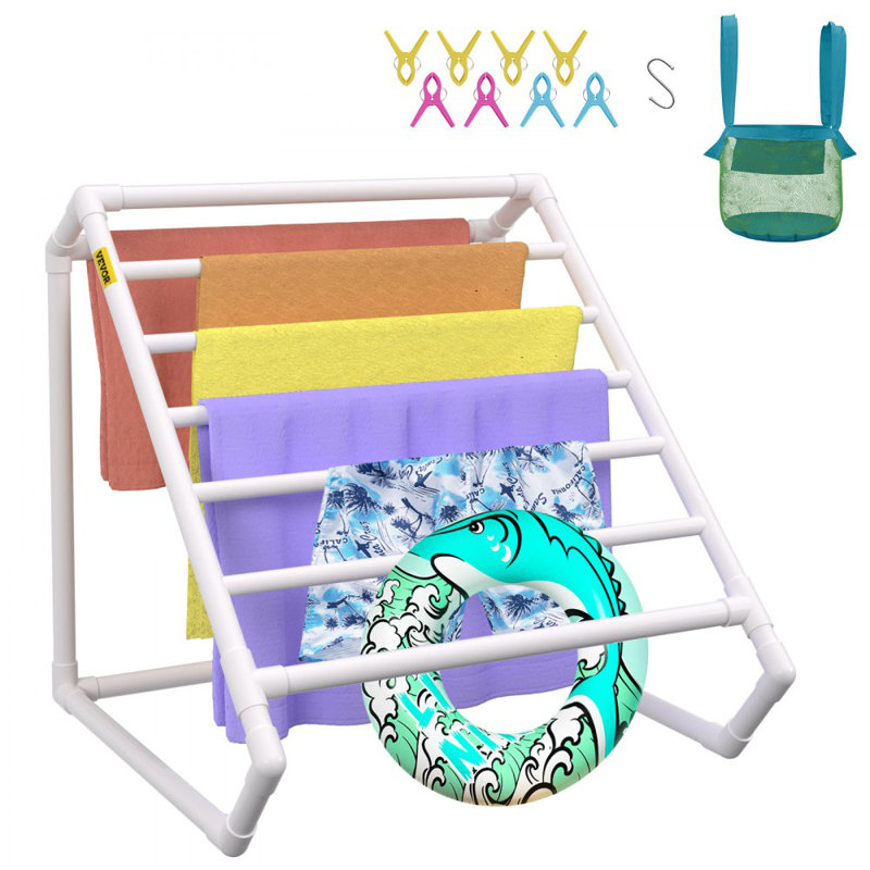Porte-serviettes de piscine, 8 barres, blanc, organisateur de rangement triangulaire extérieur en PVC autoportant, comprend 8 pinces à serviettes, sac en filet, crochet, et range également les flotteurs et les raquettes, pour la plage, la piscine