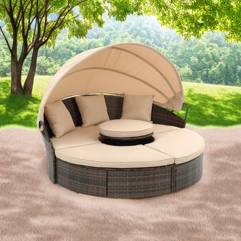 Canapé-lit d'extérieur en rotin avec hotte KD, Beige