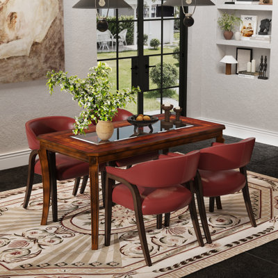 Ensemble de salle à manger 5 pièces classique, table de salle à manger en bois massif avec plateau en verre ou en bois et 4 chaises en similicuir, design élégant, plusieurs options de couleurs