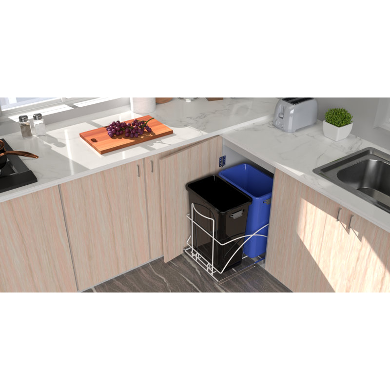Dual Compartment Black and Blue Plastic Pull-Out Kitchen Trash Can