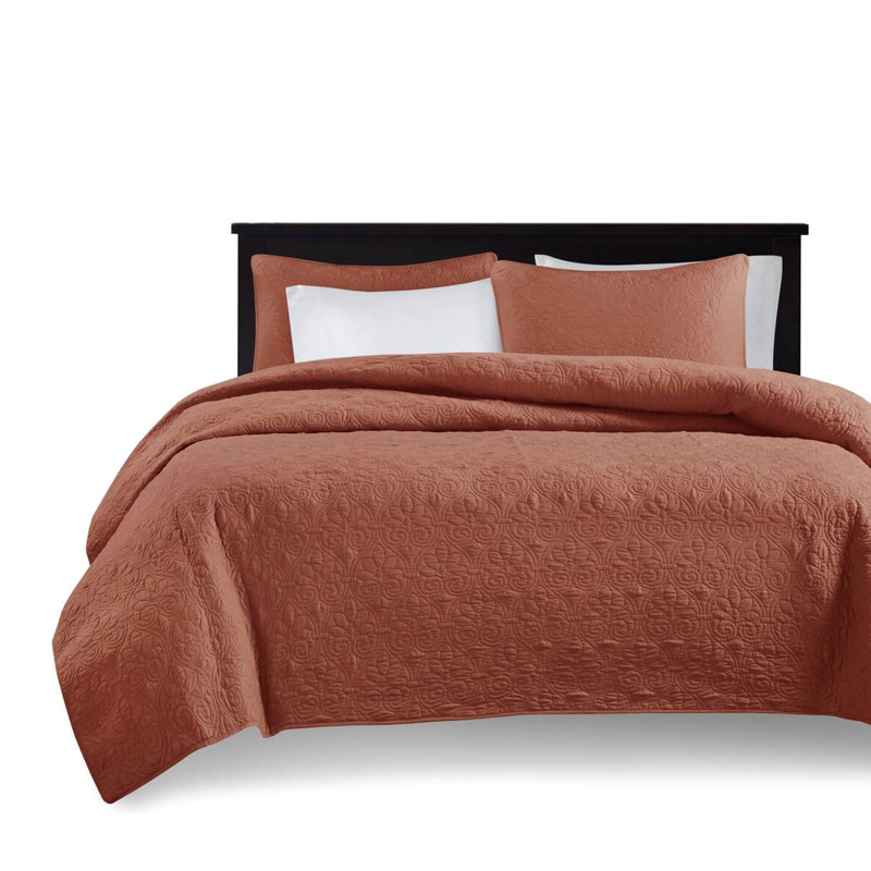 Couvre-lit très grand réversible 3 pièces très grand rouge argile - surdimensionné avec matelassage délicat, coton prélavé pour le confort, 2 taies décoratives assorties, matelassage luxueux et matelassé lavable à la machine