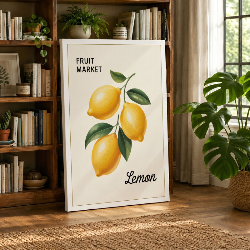Lemon Market Botanical 1 Piece Wrapped Canvas Wall Art, 24x16 - 61.0 x 40.6 cm, Teal Border