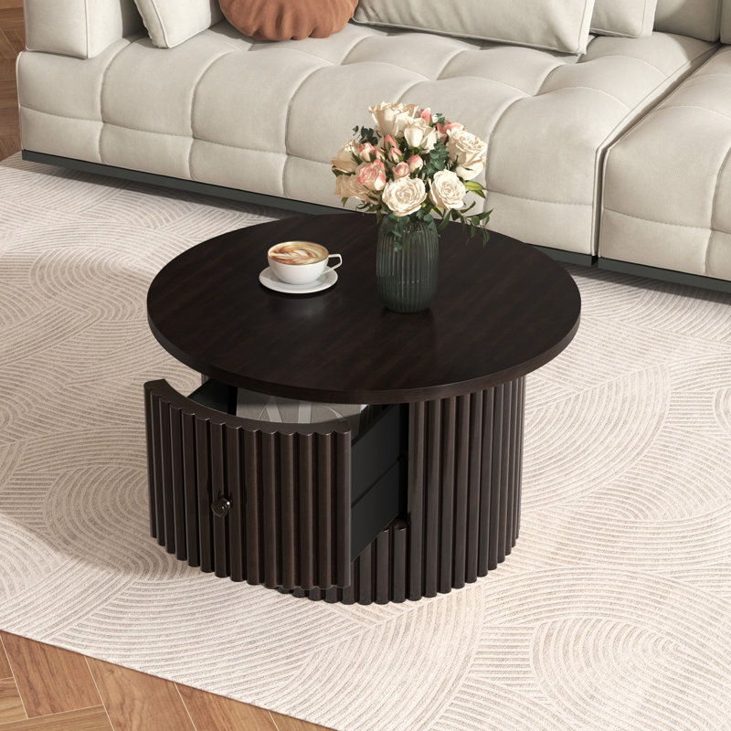 Round Coffee Table With A Drawer, Vertical Slat Base, Espresso
