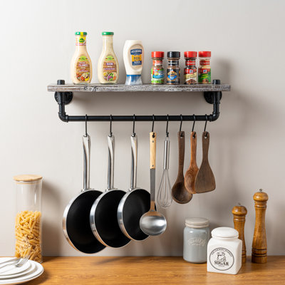 Wall Mounted Kitchen Pot Rack & Pan Hanger – Rustic Torched Wood Shelf with Matte Black Industrial Metal Pipe & 8 S-Hooks