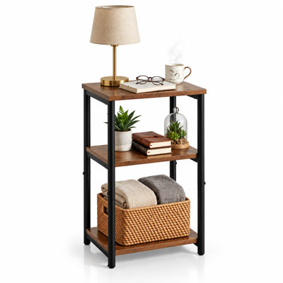 Table d'appoint industrielle à 3 niveaux avec étagères de rangement ouvertes, petite table de chevet compacte pour le salon et les petits espaces, brun rustique