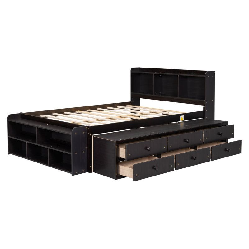 Lit pratique avec bibliothèque latérale multifonctionnelle et tiroirs à roulettes lisses pour une chambre propre et relaxante