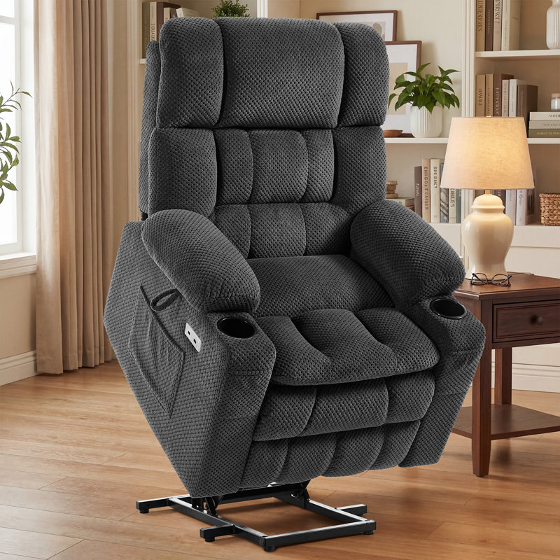 Dual Motor Power Lift Chair Recliner for Elderly with Massage and Heat, Infinite Position Electric Lift Recliner with Adjustable Headrest, USB (T6015 - Plush Fabric, Dark Gray, Medium)