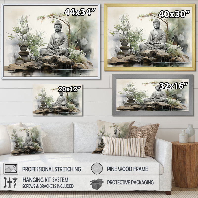 Zen Garden I - Buddhism, reproduction d'art sur toile encadrée, H 34 po x l 44 po x P 1,5 po, Cadre noir