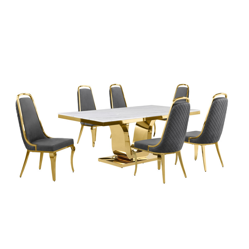 Kimoria Marble Top Pedestal Dining Set, Gray, 7