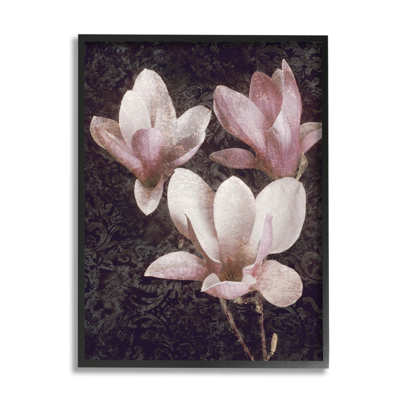 Art giclée rétro à motif damassé rose par John Seba, H 14 po x l 11 po x P 1,5 po, Giclée encadrée noir minuit