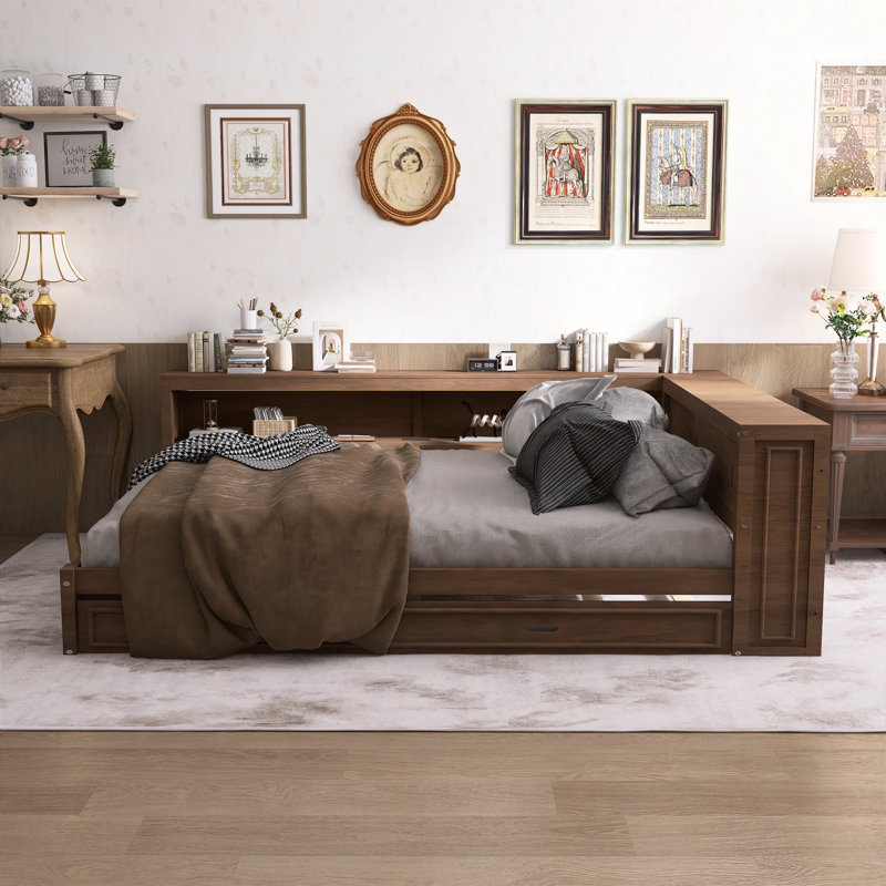 Lit de jour en bois avec tablettes de rangement, USB, DEL et lit gigogne., Brun